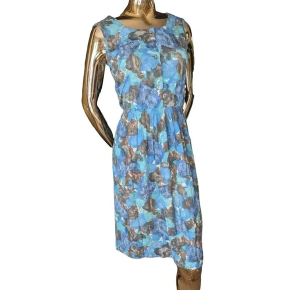 Vintage 50s Blue Brown Button Dress Vintage size 14 - Picture 9 of 9